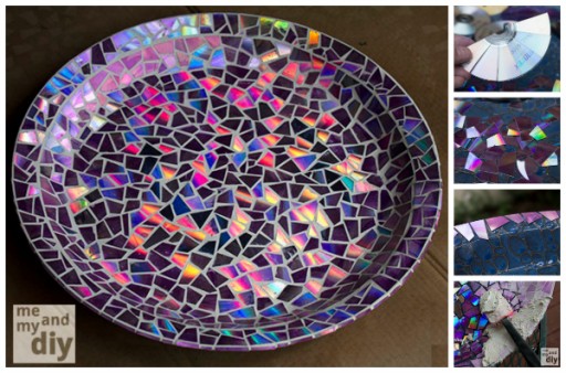 DIY Mosaic Tile Birdbath With Recycled DVDs